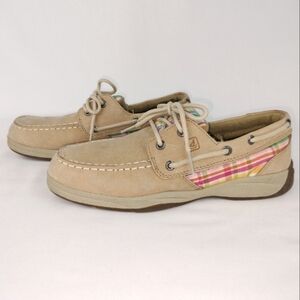Sperry "Girl Intrepid" Genuine Leather Nubuck Boat Shoe w/ Plaid Contrast Sz. 5